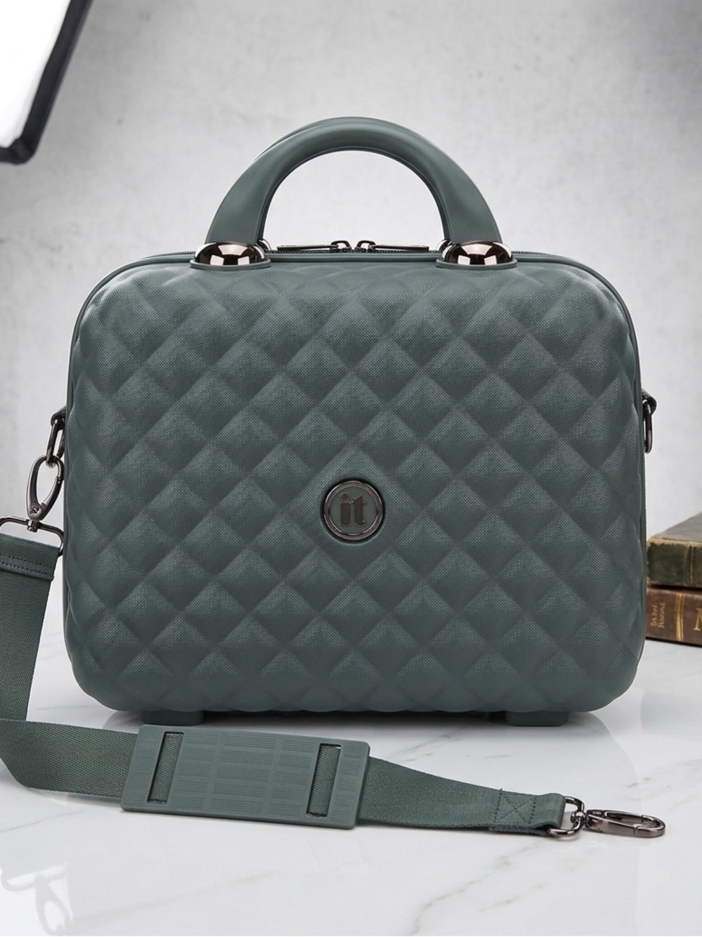 it Luggage Glitzy hardside vanity case in an olive green color